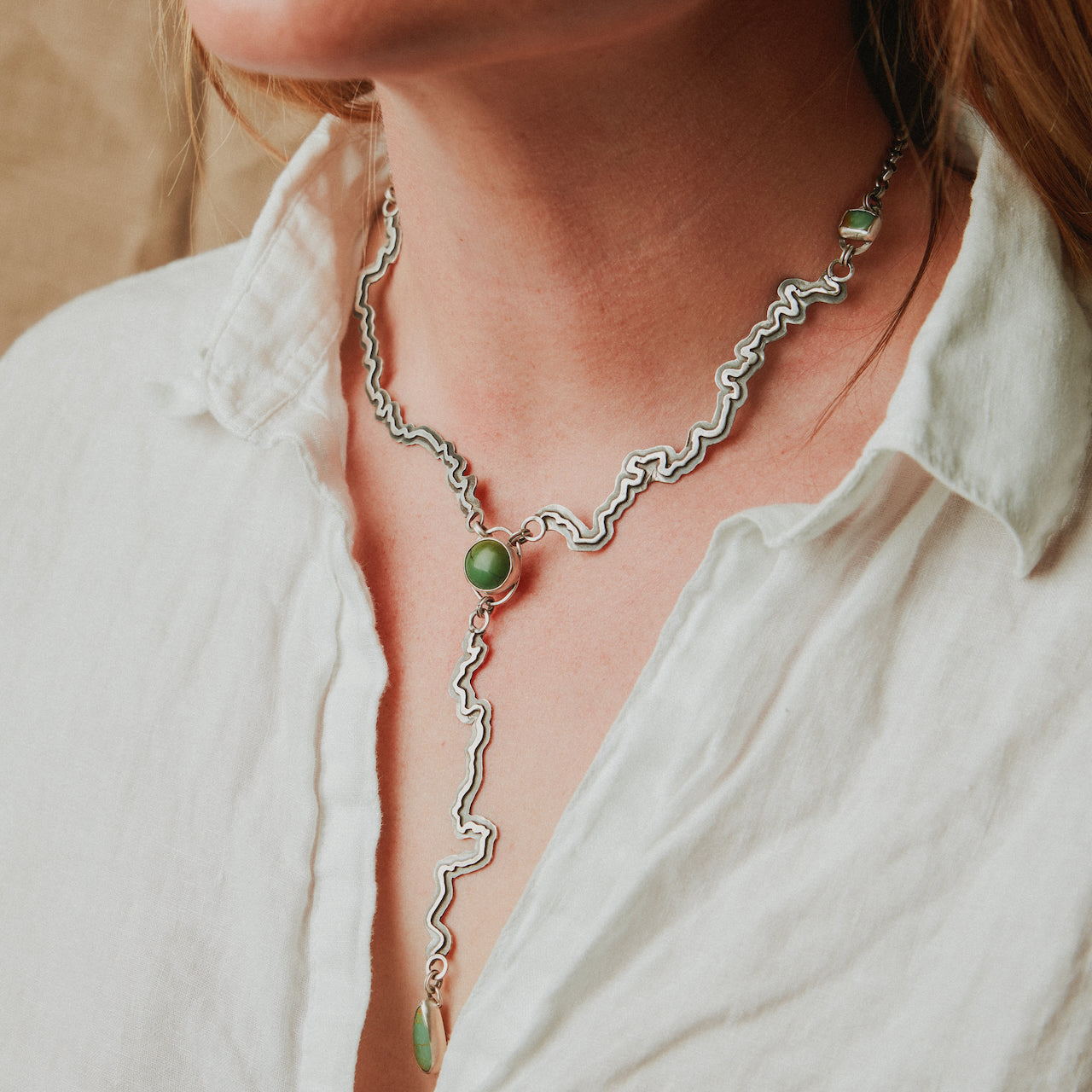 Blackfoot Lariat with Green Turquoise from Tyrone Mine, New Mexico