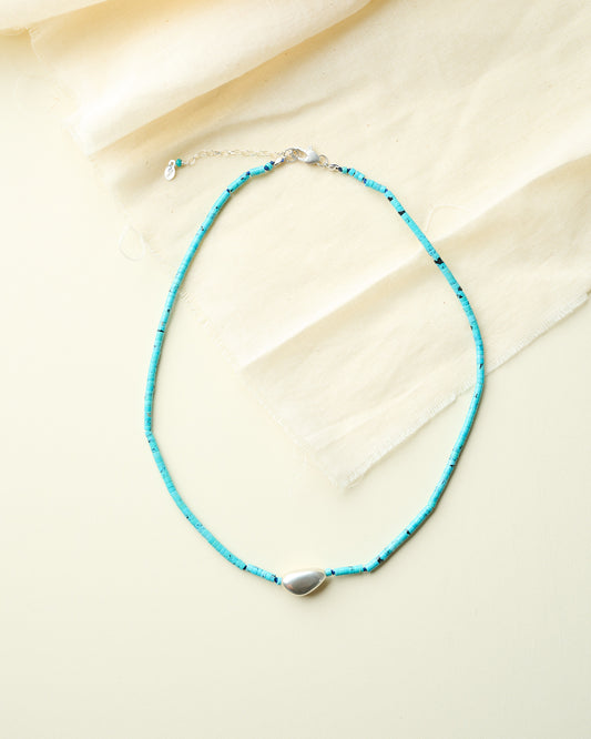Beaded Turquoise Necklace with Silver Bean Bead