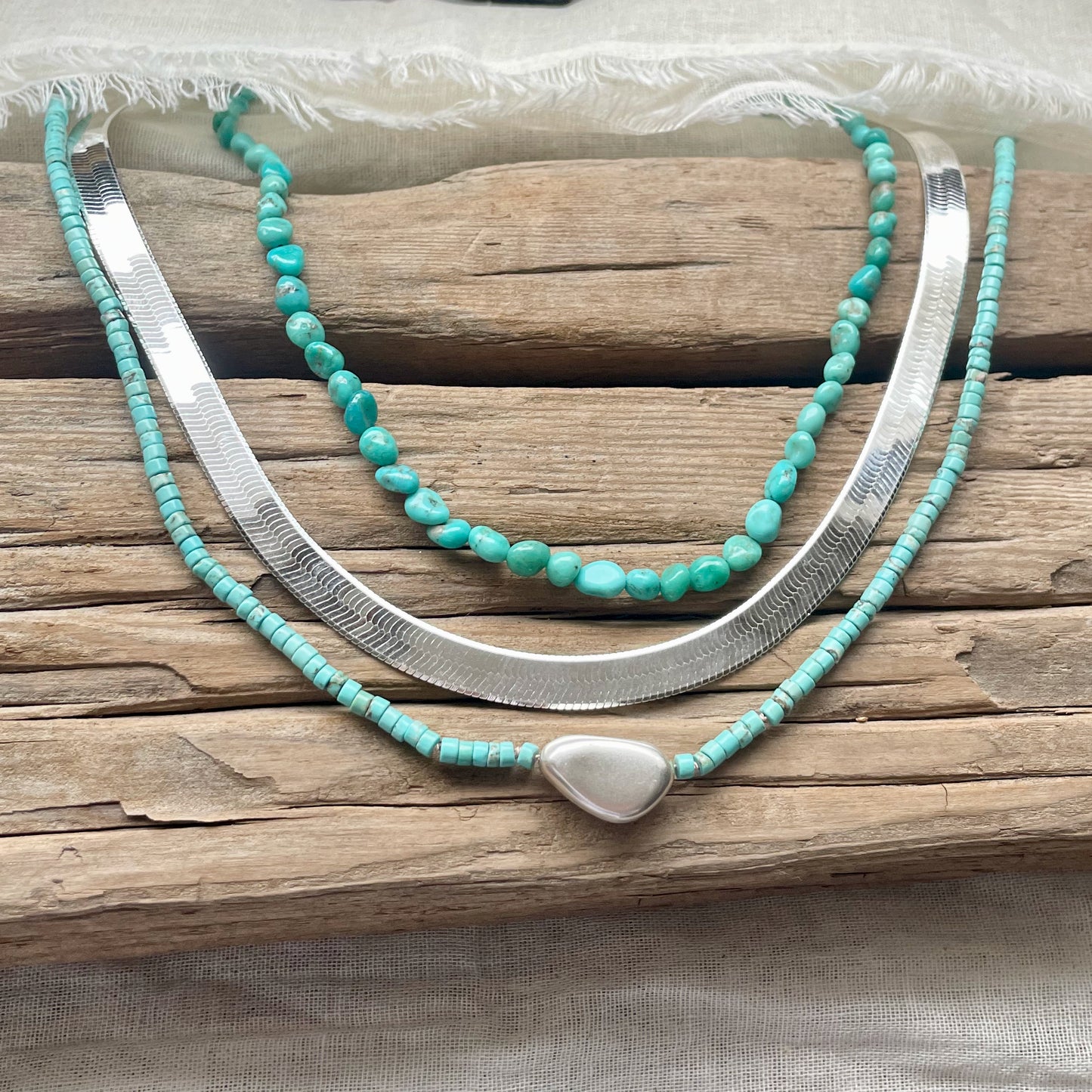 Beaded Turquoise Necklace with Silver Bean Bead